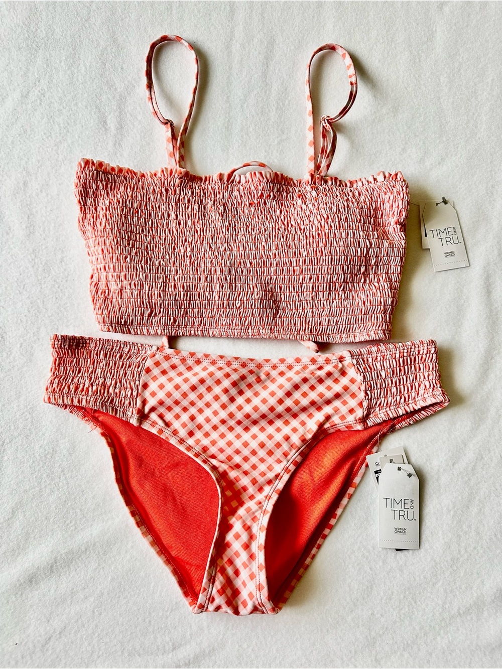 Time and Tru Women Bikini Set Large 12 14 Orange White Gingham Smocked Swimwear